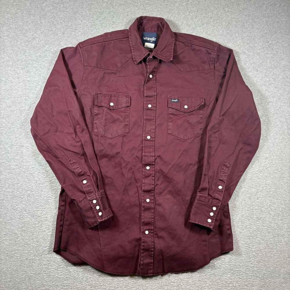 Wrangler Western Snap Shirt Mens L Tall Burgundy Maroon Pearl Snap Cotton VTG